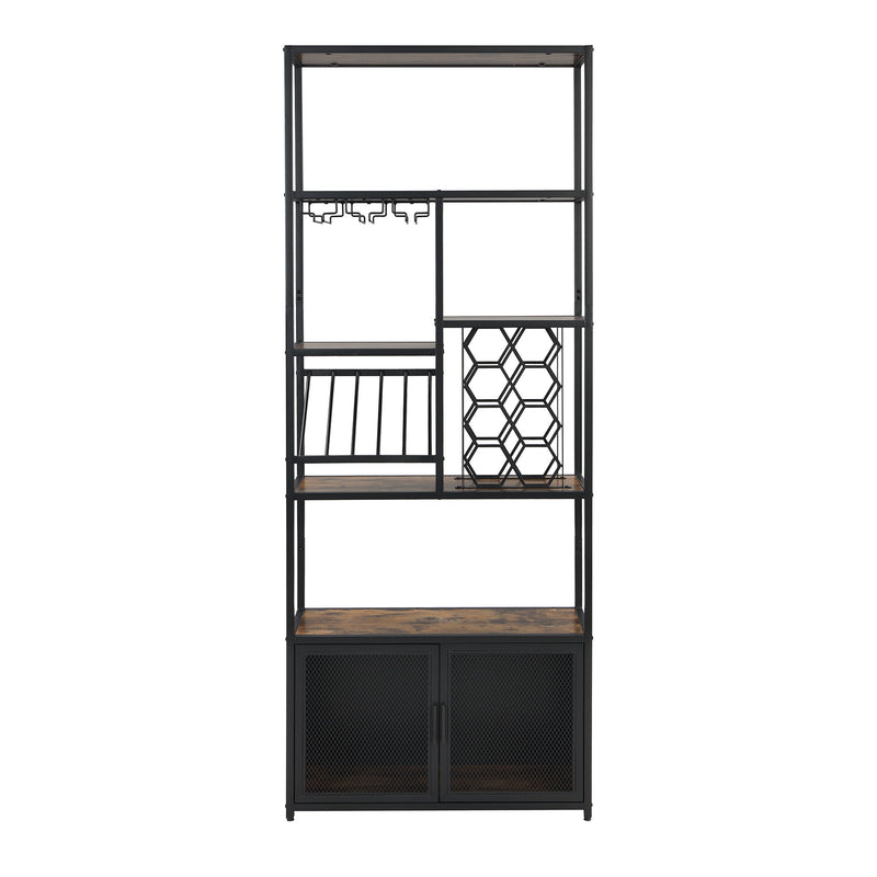 82.7" Industrial Standing Wine Rack With Glass Rack Tall Freestanding Floor Bar Cabinet - Walnut / Black