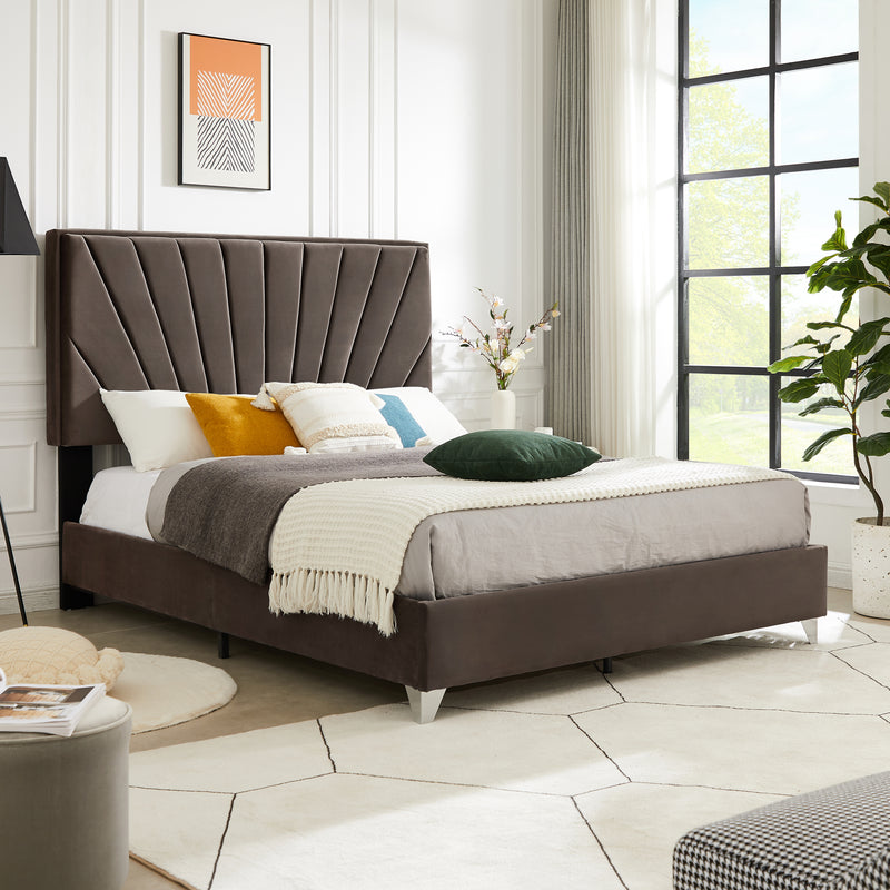 B108 King bed Beautiful line stripe cushion headboard , strong wooden slats + metal legs with Electroplate