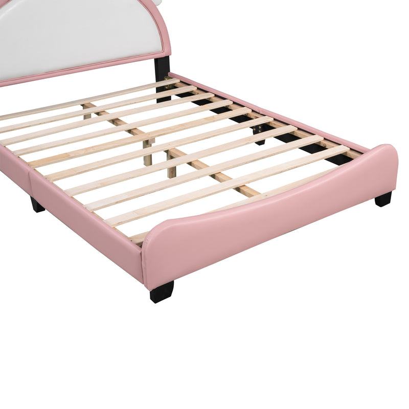 Cute Full size Upholstered Bed With Unicorn Shape Headboard,Full Size Platform Bed with Headboard and Footboard,White+Pink