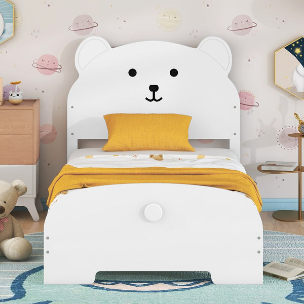 Twin Size Wood Platform Bed with Bear-shaped Headboard and Footboard,White