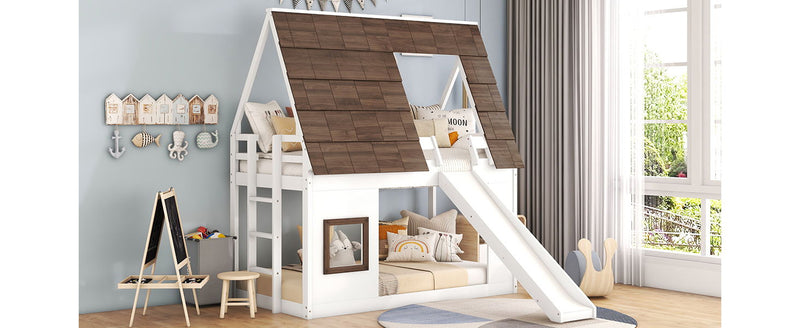 Wood Twin Size House Bunk Bed With Roof, Ladder And Slide - White / Brown