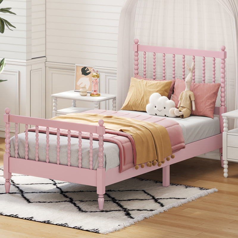 Twin Size Wood Platform Bed with Gourd Shaped Headboard and Footboard, Pink