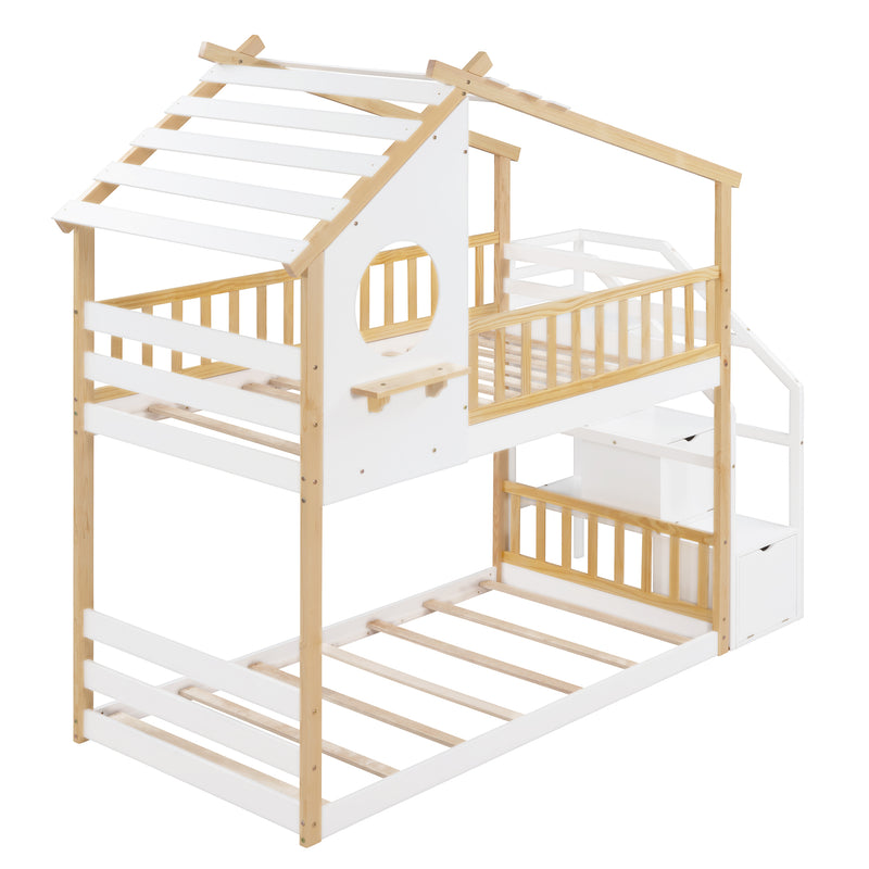 Stairway Twin-Over-Twin Bunk Bed,House Bed,Storage and Guard Rail,Natural Bed +White Stair(OLD SKU :LT000308AAK)