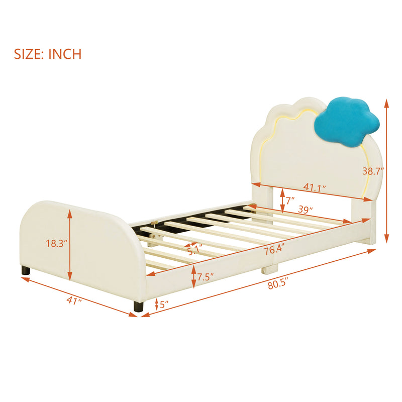 Twin Size Upholstered Platform Bed with Cloud-Shaped Headboard and Embedded Light Stripe, Velvet, Beige