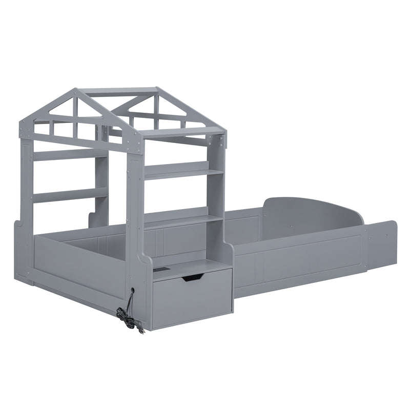 Twin Size House Bed with Bench, Socket and Shelves, Gray