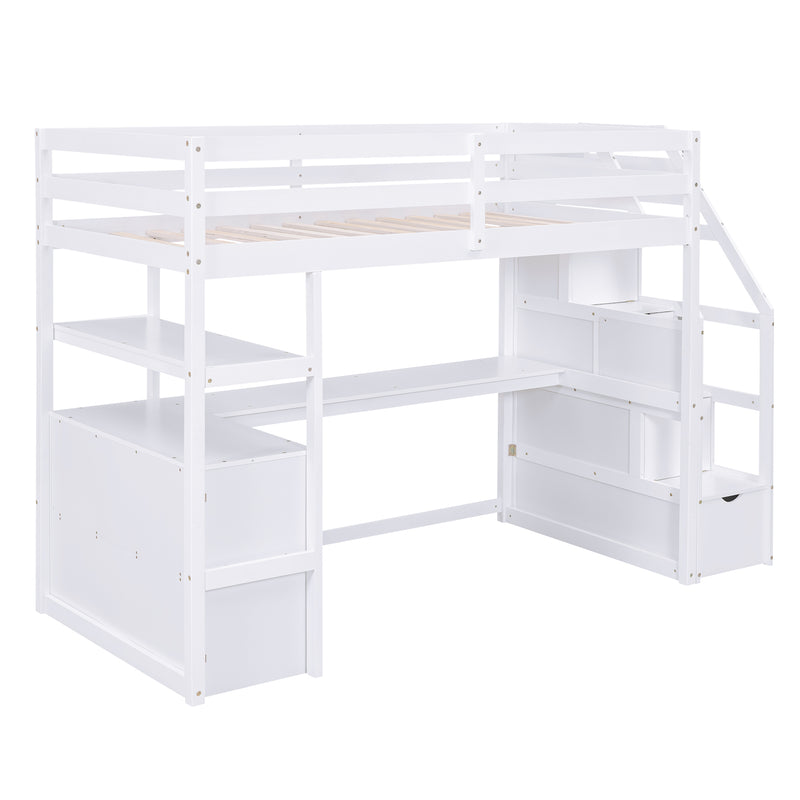 Twin Size Loft Bed with Desk and Shelves, Two Built-in Drawers, Storage Staircase, White