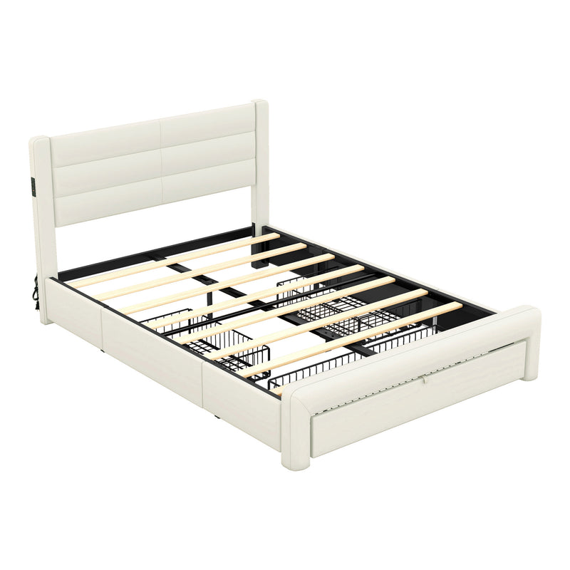 Queen Size Bed Frame with Drawers Storage, Leather Upholstered Platform Bed with Charging Station,Beige