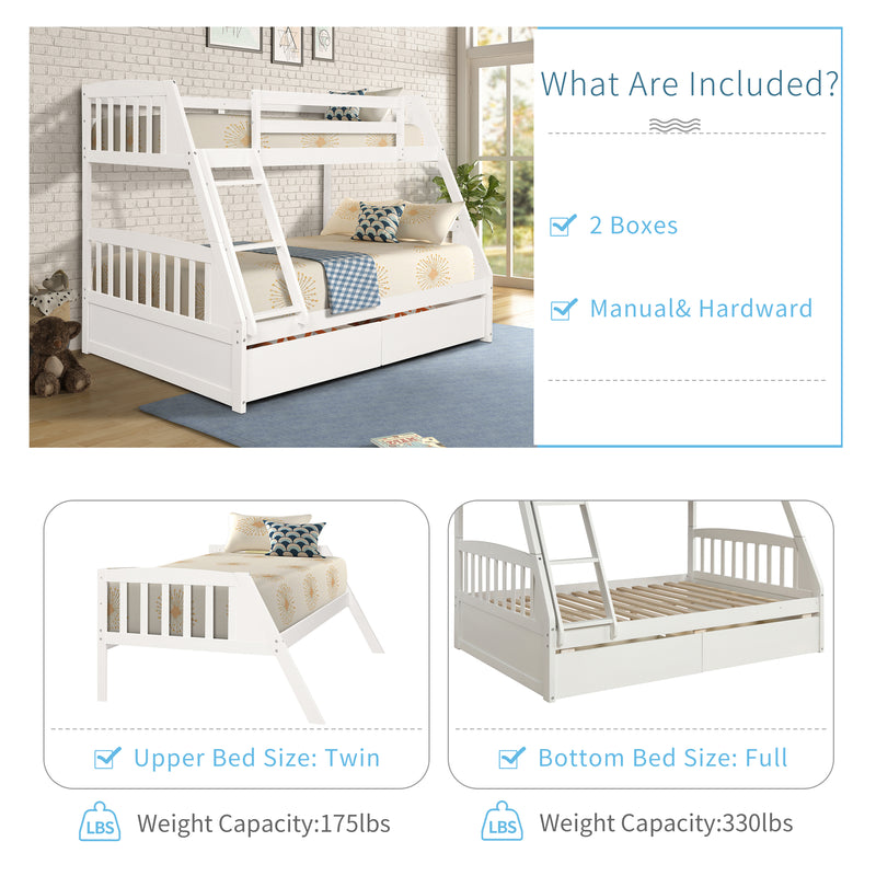 TOPMAX Solid Wood Twin Over Full Bunk Bed with Two Storage Drawers, White