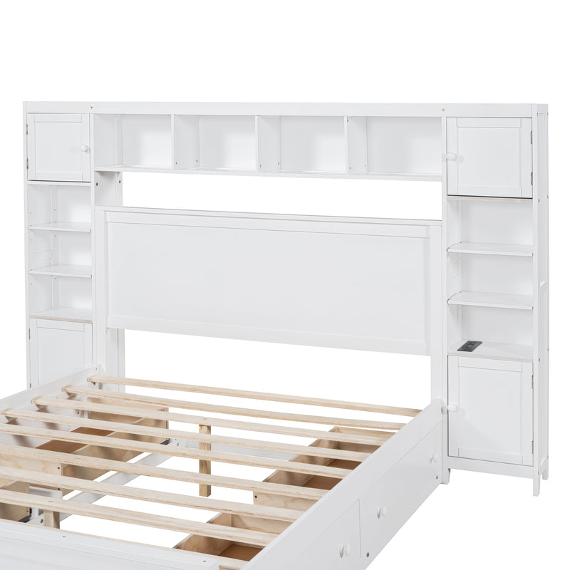 Queen Size Wooden Bed With All-in-One Cabinet, Shelf and Sockets, White