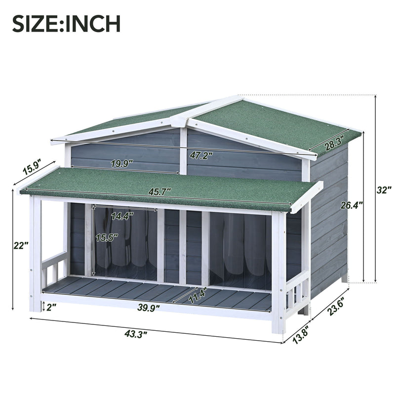 Large Wooden Dog House Outdoor / Indoor Dog Crate, Cabin Style, With Porch, 2 Doors