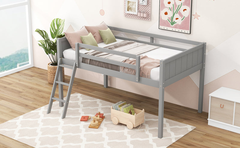 Twin Size Wood Loft Bed with Ladder, ladder can be placed on the left or right, Gray