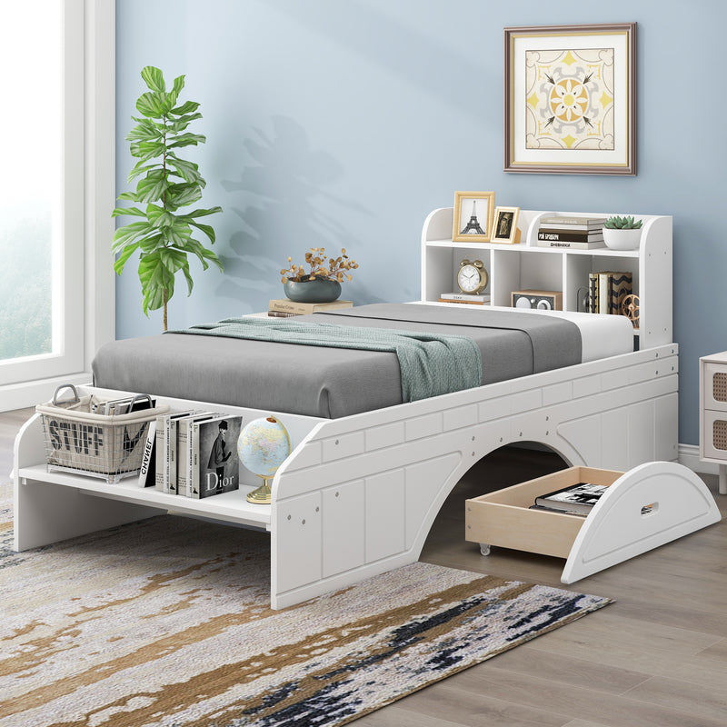 Wood Twin Size Platform Bed with 2 Drawers, Storage  Headboard and Footboard, White