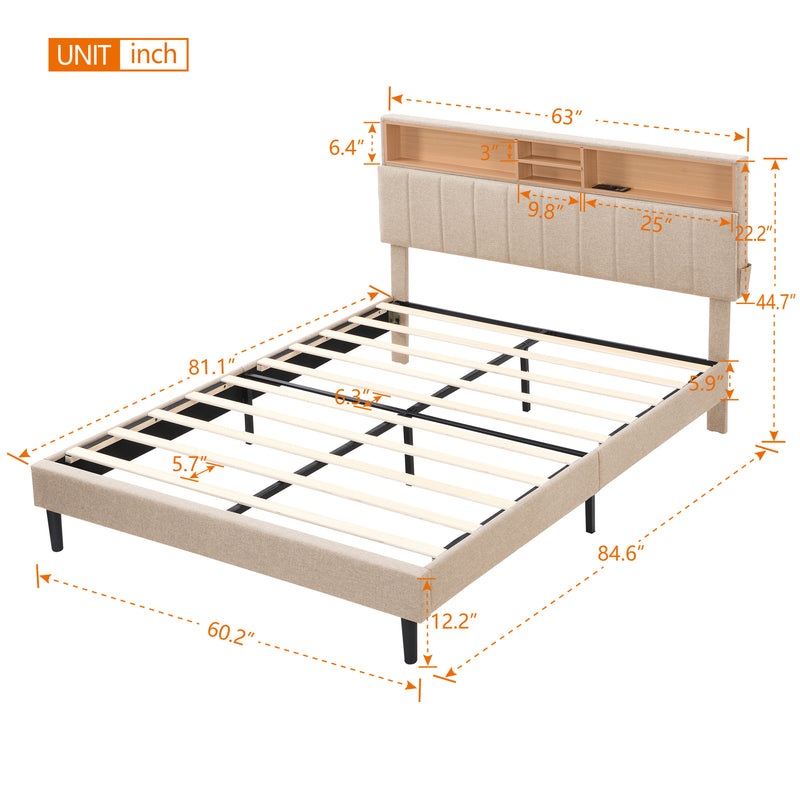 Queen Size Upholstered Platform Bed with Storage Headboard and USB Port,  Linen Fabric Upholstered Bed (Beige)