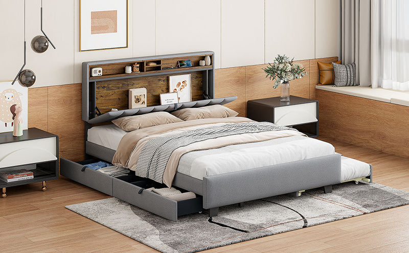 Queen size Upholstered Platform Bed with Storage Headboard, Twin XL Size Trundle & 2 drawers and a set of Sockets & USB Ports, Linen Fabric, Gray