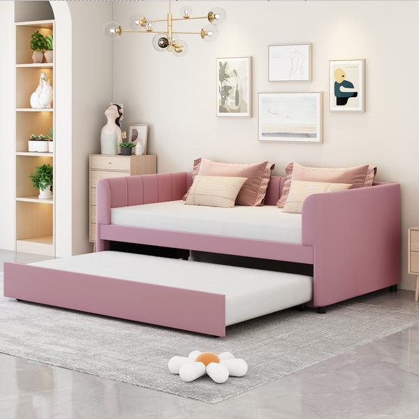 Twin Size Upholstered Daybed with Ergonomic Design Backrest and Trundle, Pink