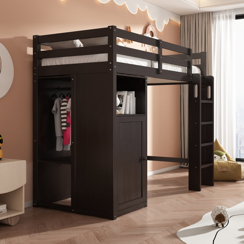 Twin Loft Bed with Wardrobe, Storage Shelves and Ladder, Espresso