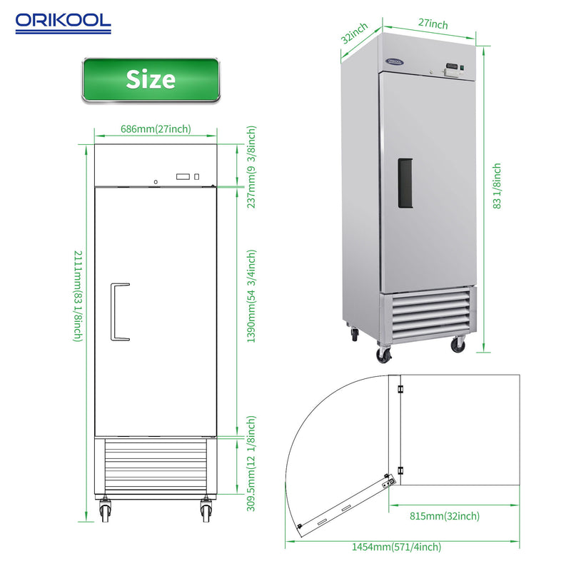 Commercial Freezer 23 Cu.Ft With 1 Solid Door Reach-In Freezers Stainless Steel Etl Approved Upright Freeze Storage - Silver