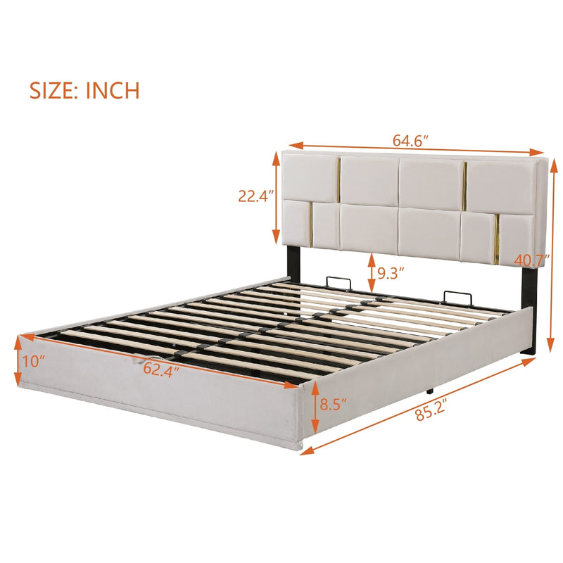 Queen Size Upholstered Platform Bed with Hydraulic Storage System,No Box Spring Needed,Beige