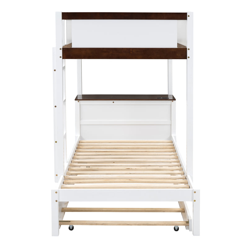 Twin-Over-Twin Bunk Bed with Twin size Trundle, Storage and Desk, White+Walnut