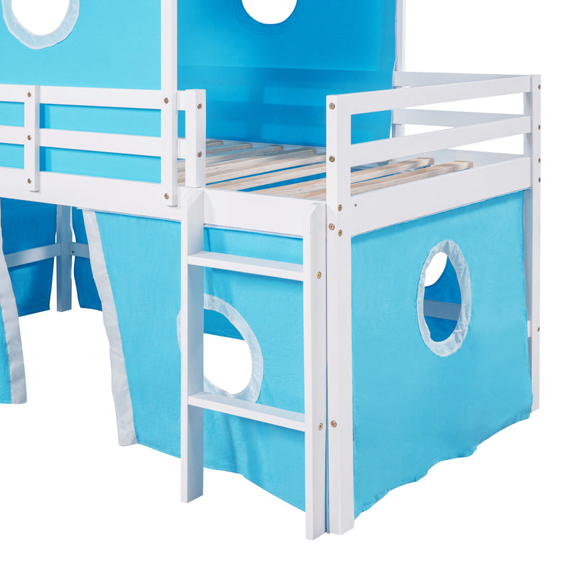 Twin Size Bunk Bed with Slide Blue Tent and Tower - Blue