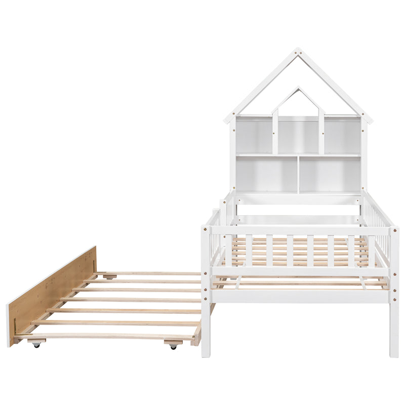 Twin Size House-Shaped Headboard with Fence Guardrails and Trundle,White