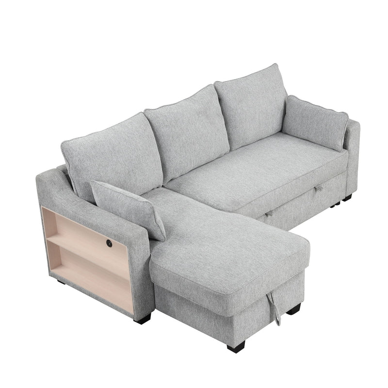 Pull Out Sleeper Sofa L-Shaped Couch Convertible Sofa Bed With Storage Chaise, Storage Racks And USB Ports