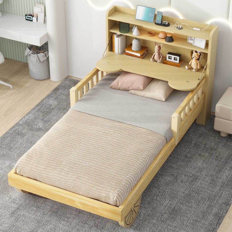 Twin Size Car Bed with Bear-Shaped Headboard, USB and LED, Natural