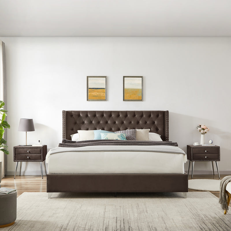 B100S King bed with one nightstand, Button designed Headboard,strong wooden slats + metal legs with Electroplate