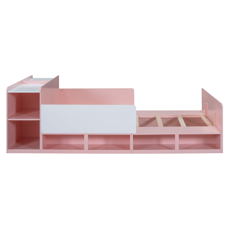 Wood Full Size Platform Bed with Storage Headboard, Guardrails and 4 Underneath Cabinets, Pink