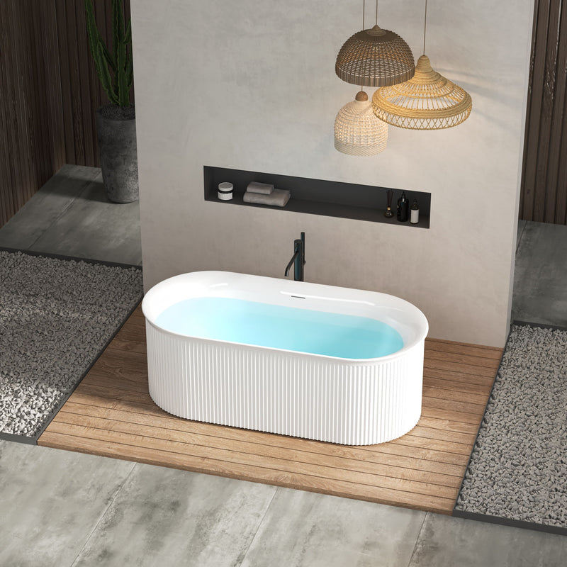 Acrylic Freestanding Bathtub-Acrylic Soaking Tubs, Fluted Style Freestanding Bathtub With Integrated Slotted Overflow And Brushed Nickel Toe-Tap Drain, 02149-Bn - Glossy White