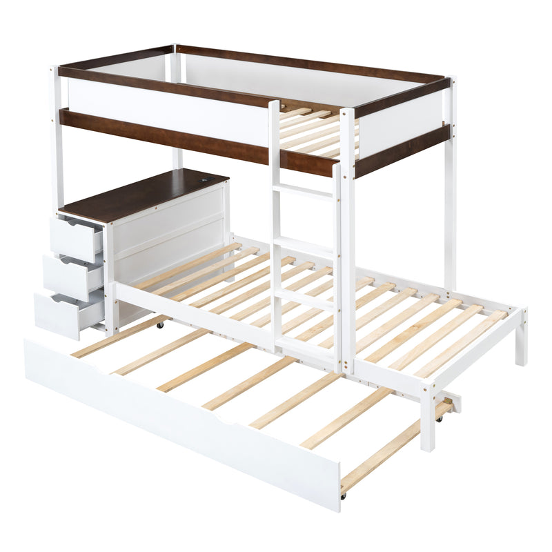 Twin-Over-Twin Bunk Bed with Twin size Trundle, Storage and Desk, White+Walnut