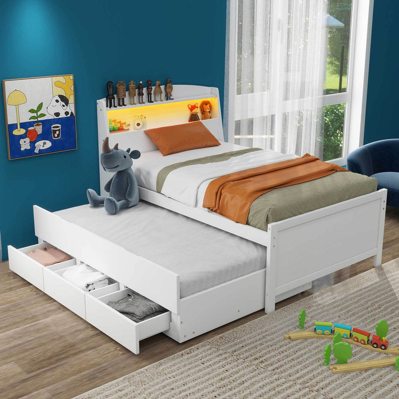 Twin Size Platform Bed with Storage LED Headboard, Twin Size Trundle and 3 Drawers, White