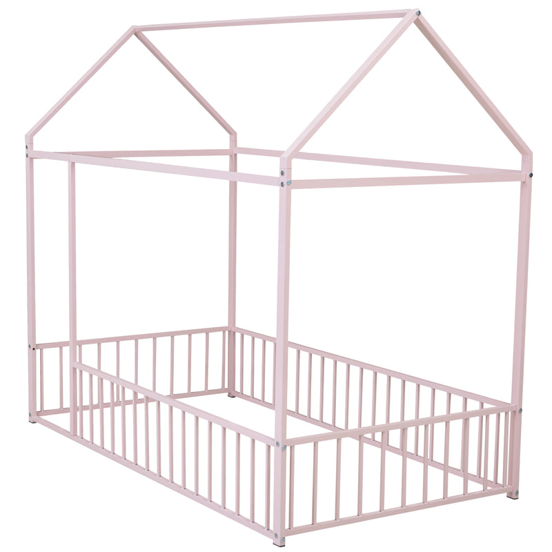 Twin Size Metal Bed House Bed Frame with Fence, for Kids, Teens, Girls, Boys, Pink