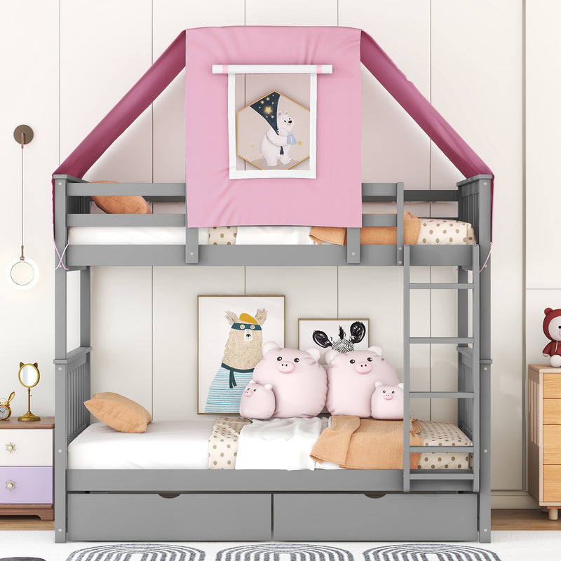 Twin Over Twin Bunk Bed Wood Bed with Tent and Drawers, Gray+Pink Tent