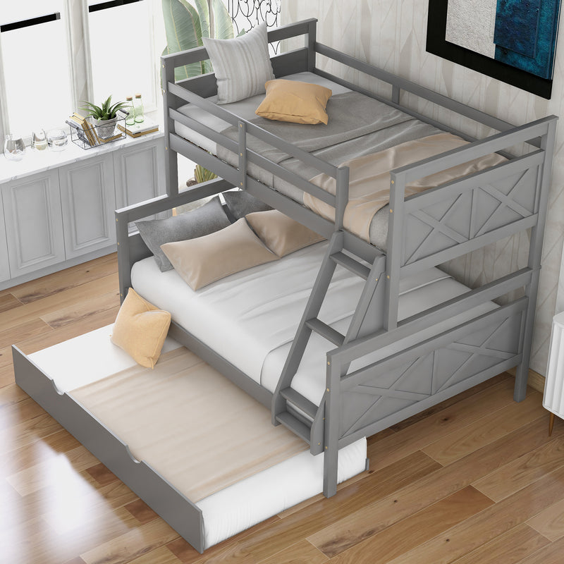 Twin over Full Bunk Bed with Ladder, Twin Size Trundle, Safety Guardrail, Gray