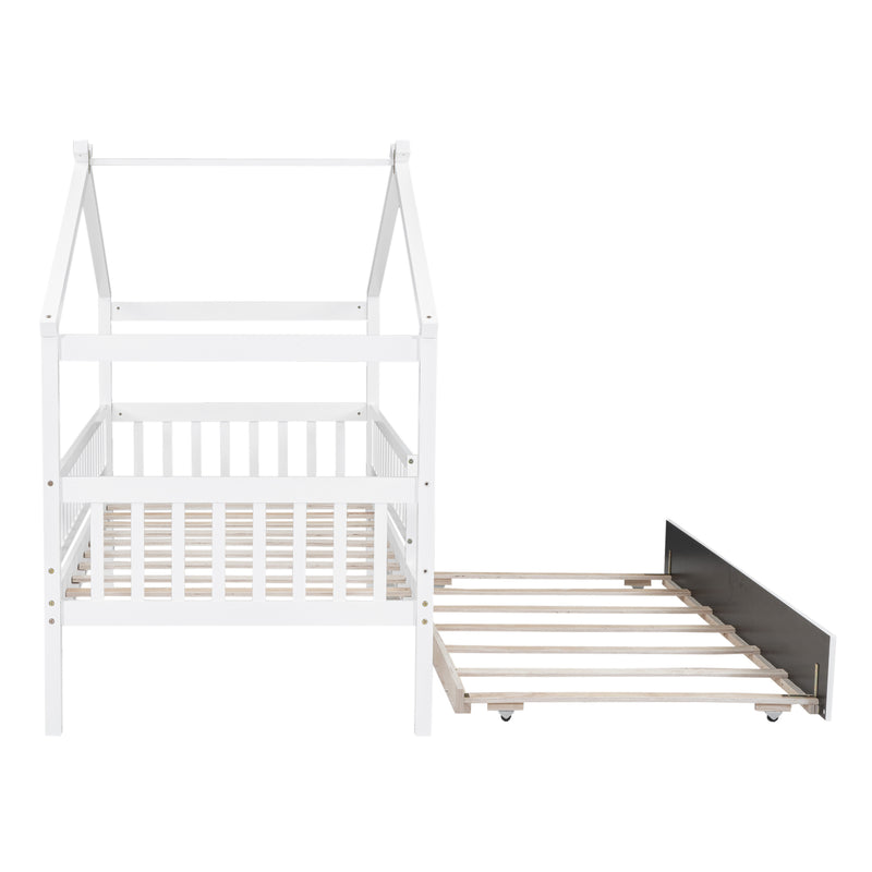 Twin Size Wooden House Bed with Twin Size Trundle, White