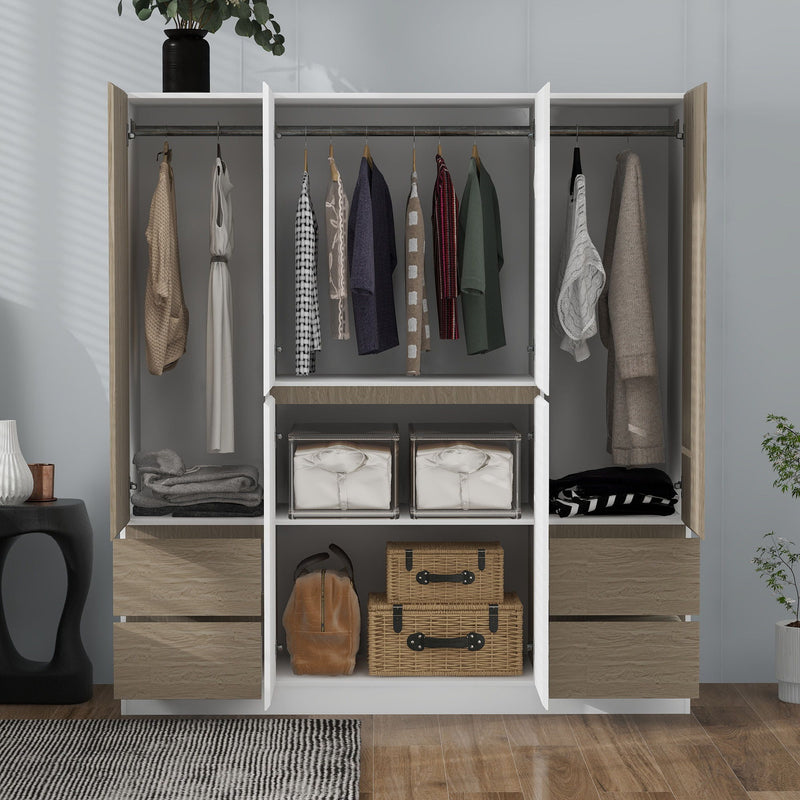 6 Doors Wardrobe Storage For Bedroom, With 4 Drawers - White / Nature