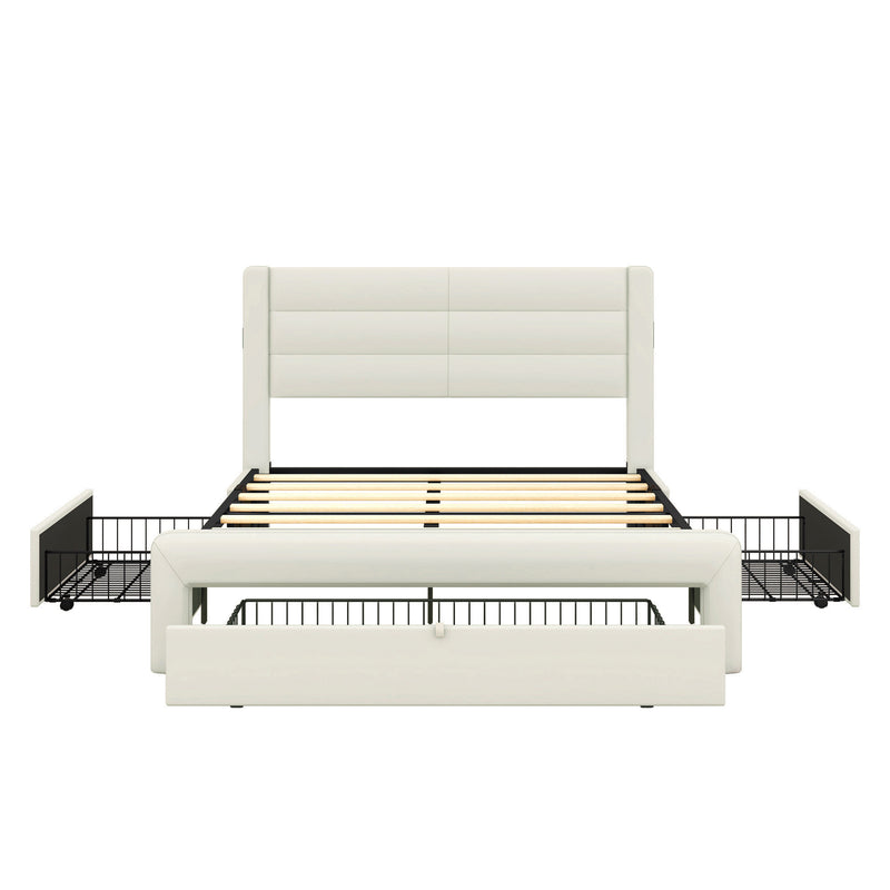 Queen Size Bed Frame with Drawers Storage, Leather Upholstered Platform Bed with Charging Station,Beige