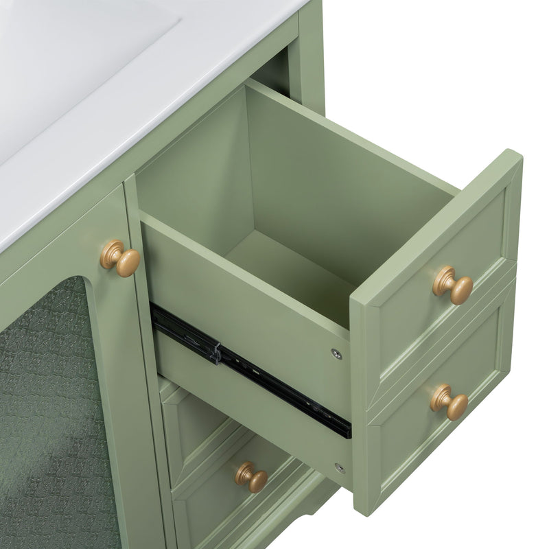 Bathroom Vanity With A Soft Close Glass Door, Adjustable Shelves, And Three Drawers