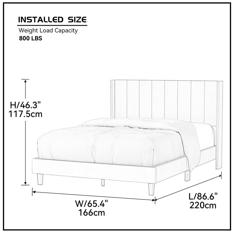 Queen Bed Frame/Velvet Upholstered Bed Frame with Vertical Channel Tufted Headboard Beige