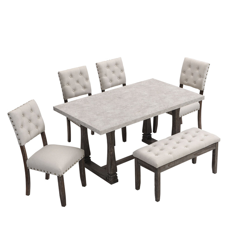 6 Person Dining Table Set, Kitchen Table Set For 6 People, 4 Chairs With Backrest, 2 Person Tufted Seat Bench - Gray