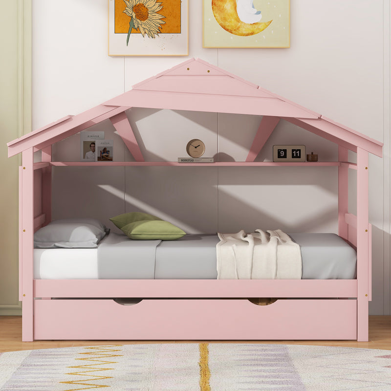 Wood Twin Size House Bed with Trundle and Storage, Pink