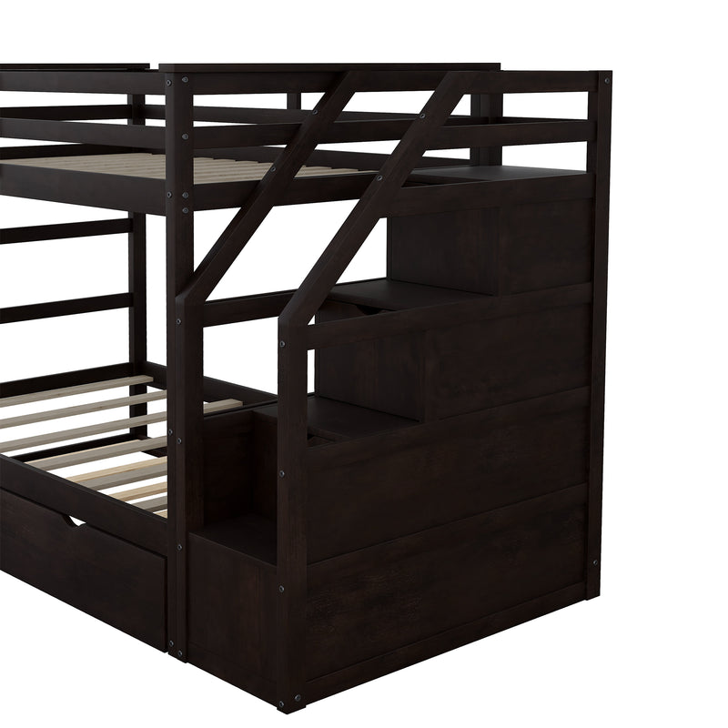 Twin-Over-Twin Bunk Bed with Twin Size Trundle and 3 Storage Stairs,Espresso (OLD SKU :LP000064AAP)