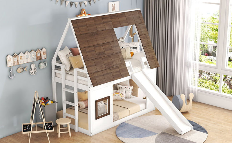 Wood Twin Size House Bunk Bed With Roof, Ladder And Slide - White / Brown