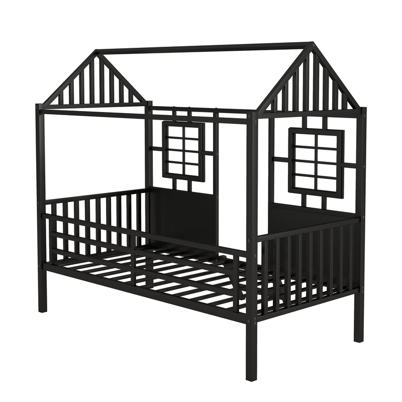 Twin Size Metal Low Loft House Bed with Roof and Two Front Windows , Black