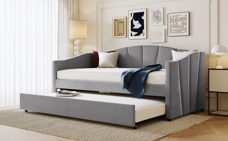 Upholstered Daybed Sofa Bed Twin Size With Trundle Bed and Wood Slat ,Gray