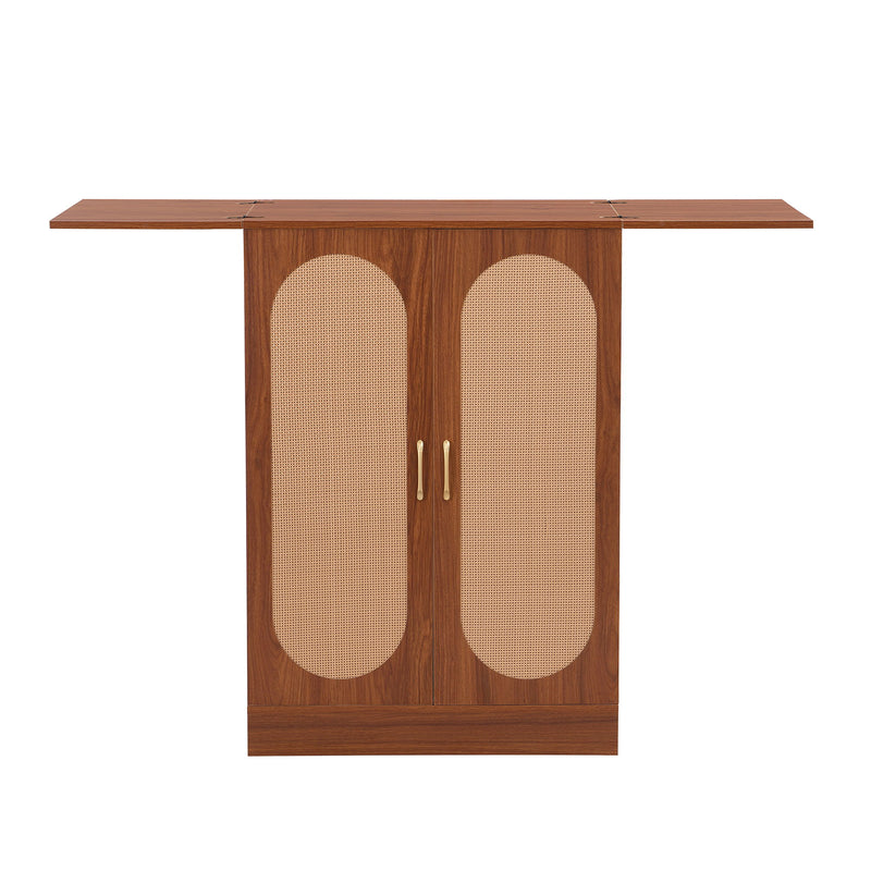 Home Bar Cabinet, Industrial Rattan Door Fold Out Bar Cabinet With Storage Bar Table - Walnut