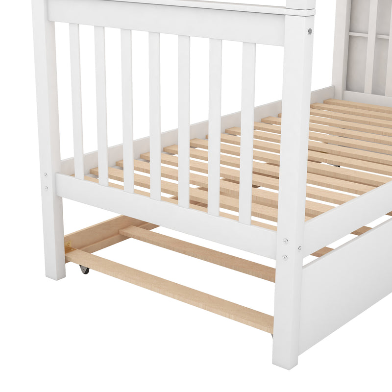 Twin over Twin Bunk Bed with Trundle and Storage, White