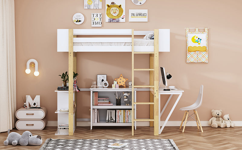 Twin Size Wood Loft Bed With Built-in Storage Cabinet and Cubes, Foldable desk, White