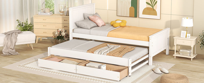 Twin Size Platform Bed with Trundle and Drawers, White